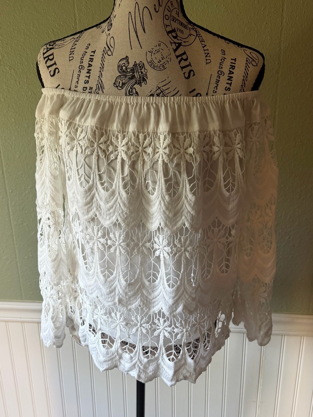 ELA White Off-the-Shoulder Crochet Lace Top Cottage Core Festival
